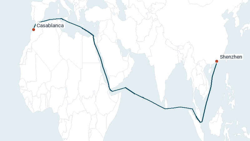 Sea route map from Casablanca to Shenzhen &mdash; 8643 nautical miles