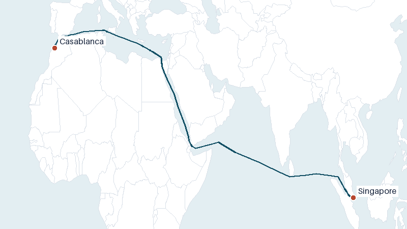 Sea route map from Casablanca to Singapore &mdash; 7189 nautical miles