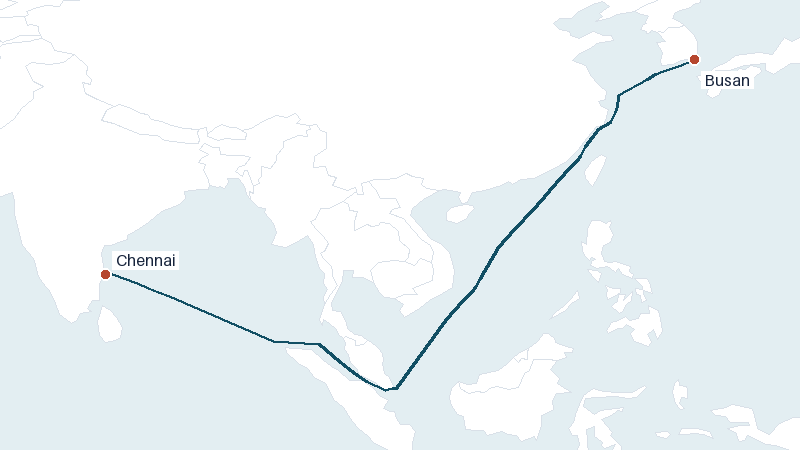Sea route map from Chennai to Busan &mdash; 4133 nautical miles