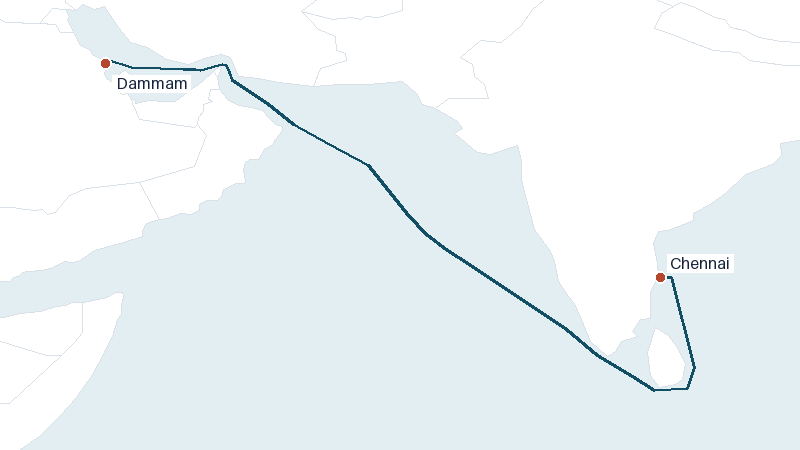 Sea route map from Chennai to Dammam &mdash; 2804 nautical miles