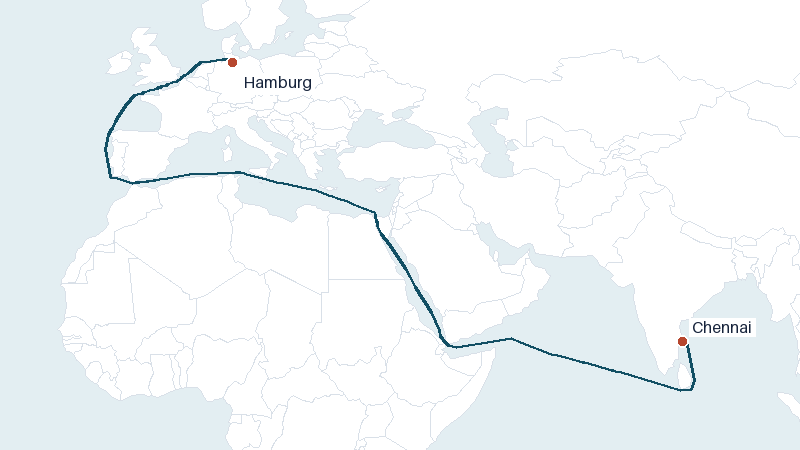 Sea route map from Chennai to Hamburg &mdash; 7683 nautical miles