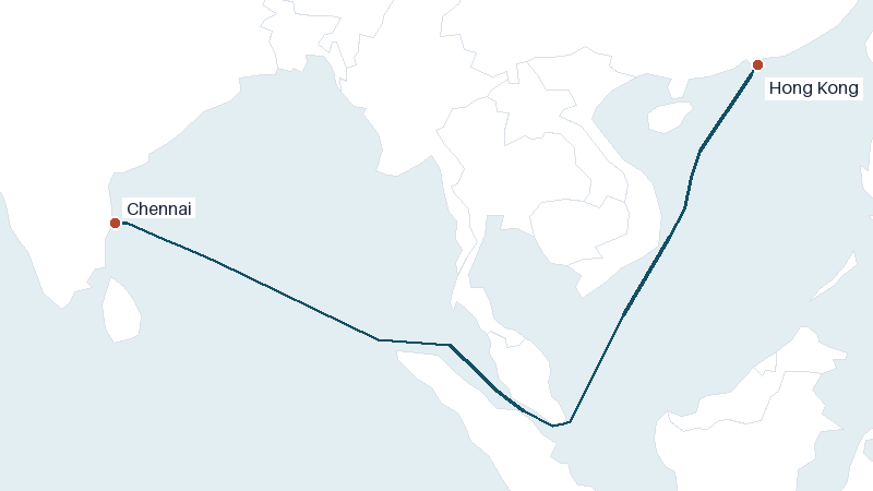 Sea route map from Chennai to Hong Kong &mdash; 3035 nautical miles