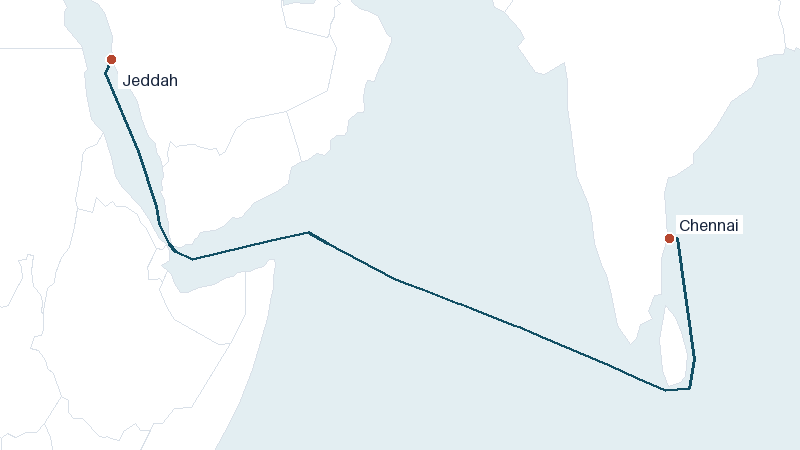 Sea route map from Chennai to Jeddah &mdash; 3438 nautical miles