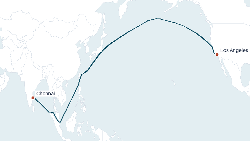 Sea route map from Chennai to Los Angeles &mdash; 9354 nautical miles