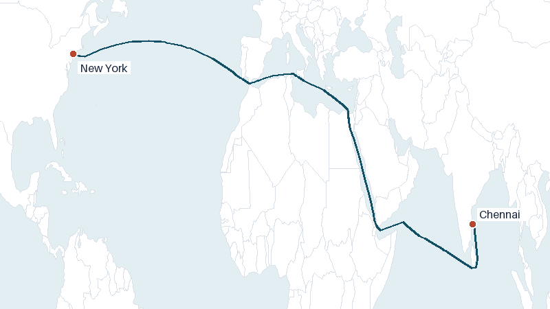 Sea route map from Chennai to New York &mdash; 9235 nautical miles
