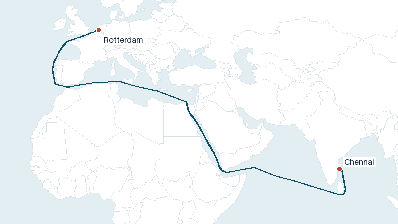 Sea route map from Chennai to Rotterdam &mdash; 7432 nautical miles