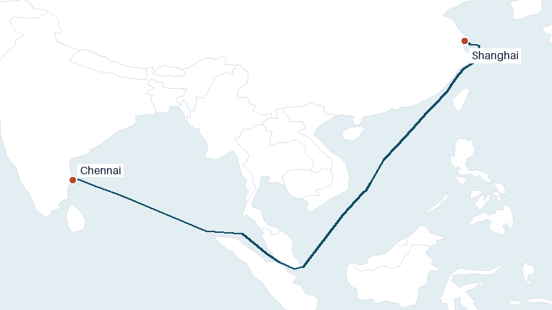 Sea route map from Chennai to Shanghai &mdash; 3810 nautical miles