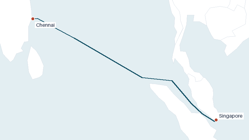 Sea route map from Chennai to Singapore &mdash; 1602 nautical miles