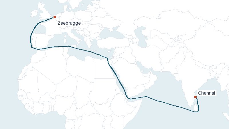 Sea route map from Chennai to Zeebrugge &mdash; 7372 nautical miles