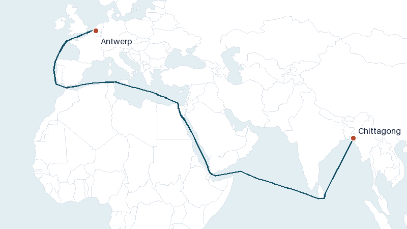 Sea route map from Chittagong to Antwerp &mdash; 8080 nautical miles