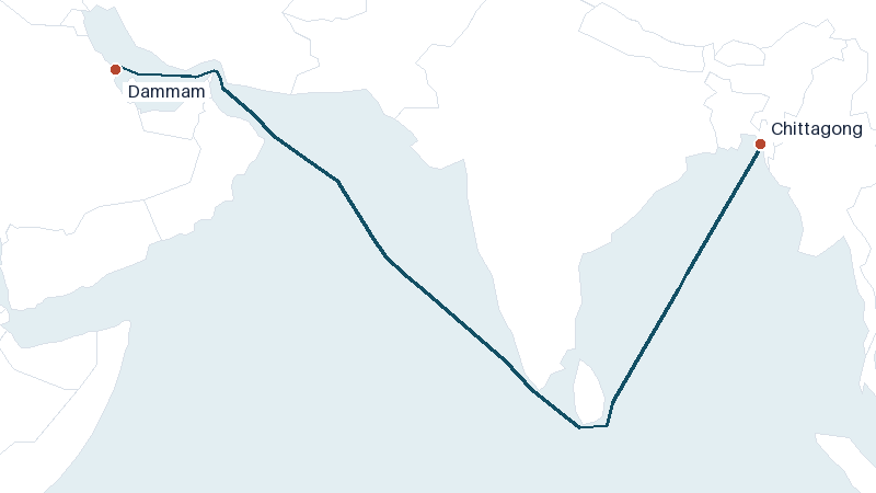Sea route map from Chittagong to Dammam &mdash; 3473 nautical miles