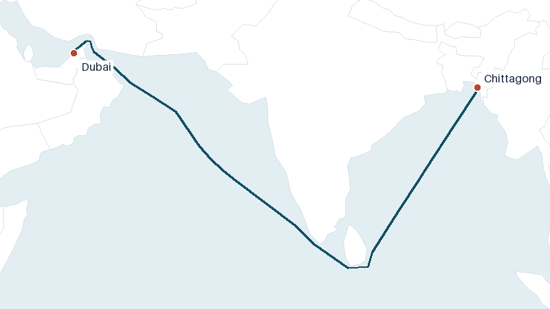 Sea route map from Chittagong to Dubai &mdash; 3212 nautical miles
