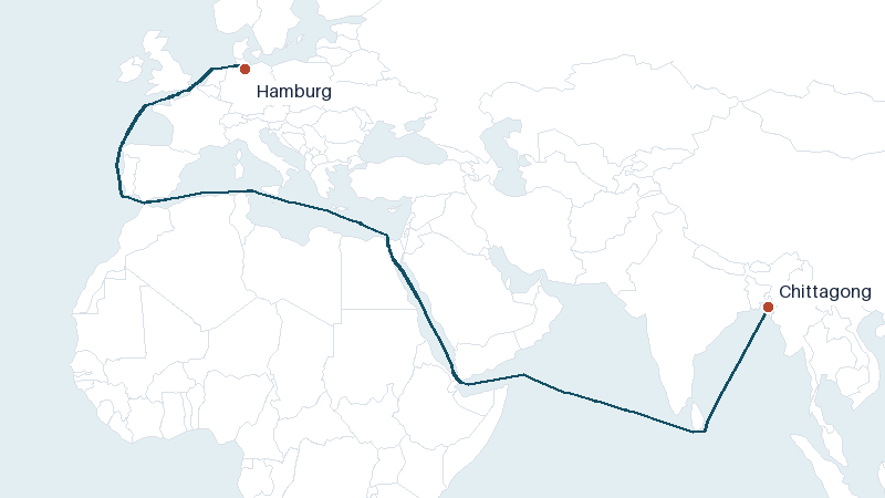 Sea route map from Chittagong to Hamburg &mdash; 8352 nautical miles
