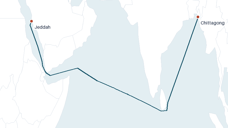 Sea route map from Chittagong to Jeddah &mdash; 4107 nautical miles