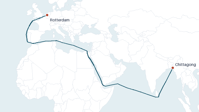 Sea route map from Chittagong to Rotterdam &mdash; 8101 nautical miles