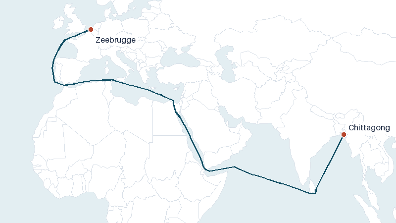 Sea route map from Chittagong to Zeebrugge &mdash; 8041 nautical miles