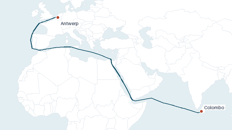 Sea route map from Colombo to Antwerp &mdash; 6814 nautical miles