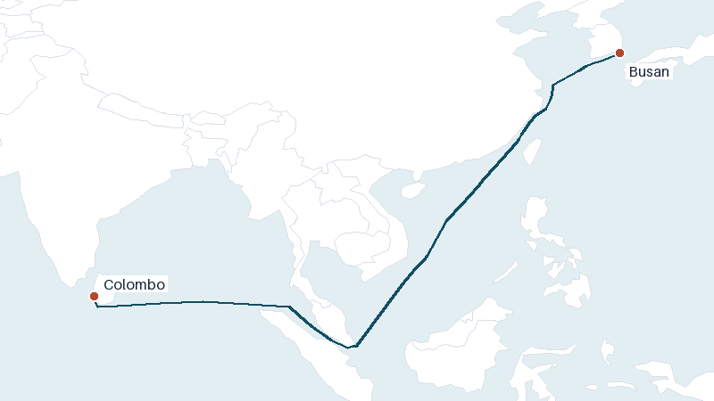Sea route map from Colombo to Busan &mdash; 4136 nautical miles