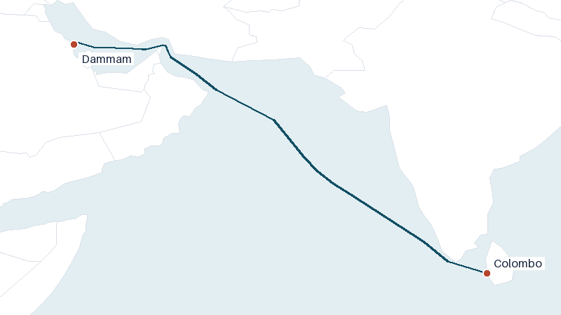 Sea route map from Colombo to Dammam &mdash; 2175 nautical miles