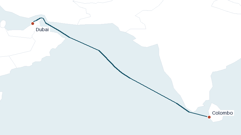 Sea route map from Colombo to Dubai &mdash; 1914 nautical miles