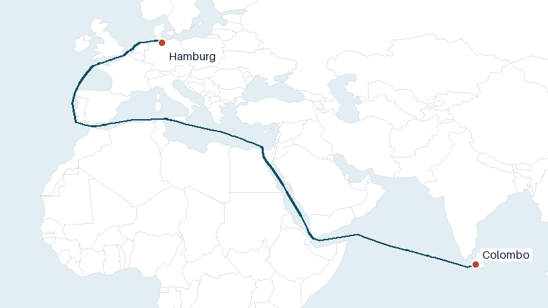 Sea route map from Colombo to Hamburg &mdash; 7087 nautical miles