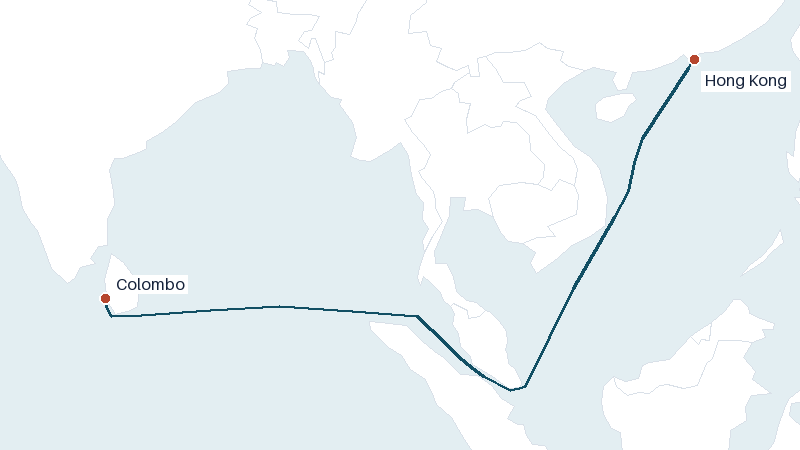 Sea route map from Colombo to Hong Kong &mdash; 3038 nautical miles