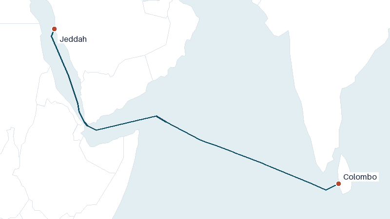 Sea route map from Colombo to Jeddah &mdash; 2842 nautical miles