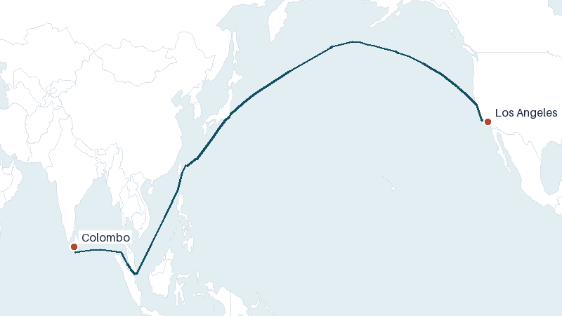Sea route map from Colombo to Los Angeles &mdash; 9357 nautical miles