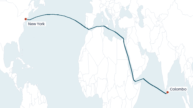 Sea route map from Colombo to New York &mdash; 8638 nautical miles