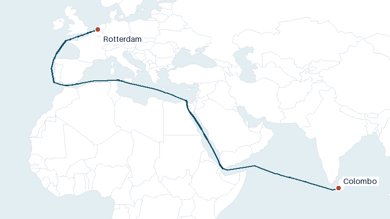 Sea route map from Colombo to Rotterdam &mdash; 6836 nautical miles