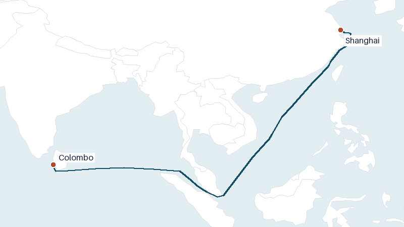 Sea route map from Colombo to Shanghai &mdash; 3813 nautical miles