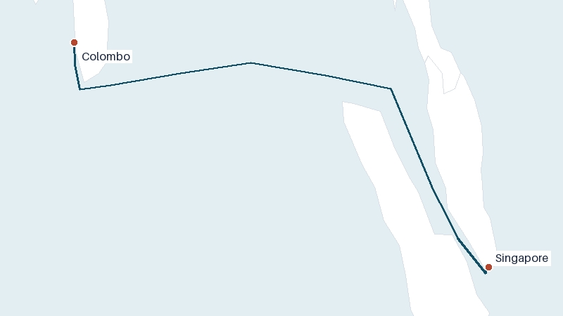 Sea route map from Colombo to Singapore &mdash; 1605 nautical miles