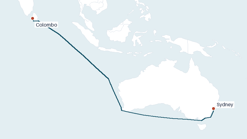 Sea route map from Colombo to Sydney &mdash; 5365 nautical miles