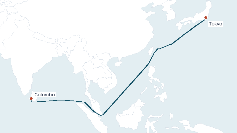 Sea route map from Colombo to Tokyo &mdash; 4551 nautical miles