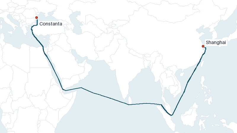 Sea route map from Constanta to Shanghai &mdash; 8270 nautical miles