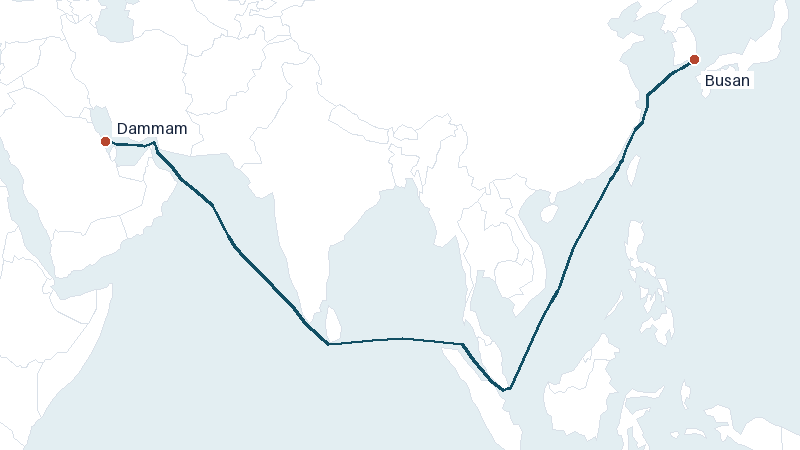 Sea route map from Dammam to Busan &mdash; 6286 nautical miles