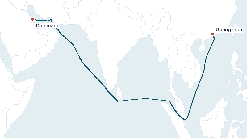 Sea route map from Dammam to Guangzhou &mdash; 5227 nautical miles