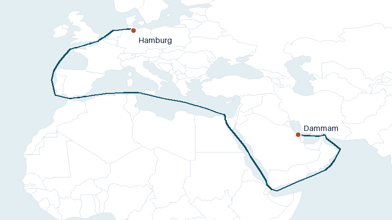 Sea route map from Dammam to Hamburg &mdash; 6784 nautical miles