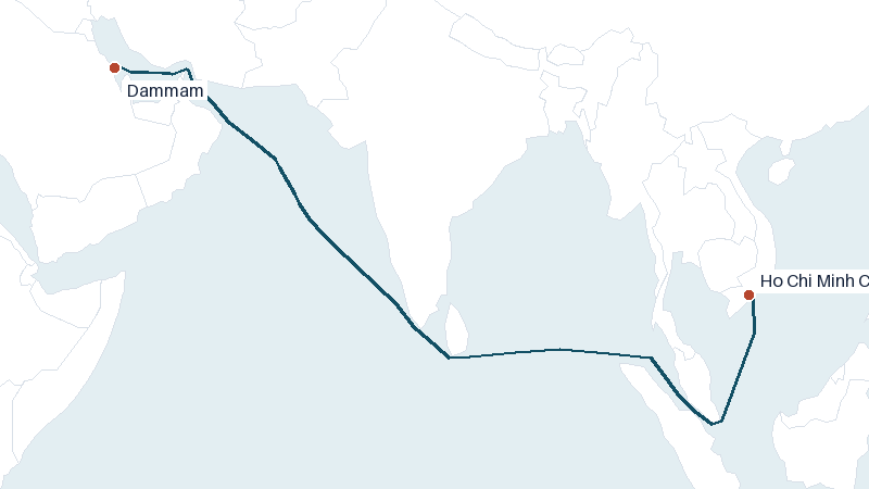 Sea route map from Dammam to Ho Chi Minh City &mdash; 4384 nautical miles