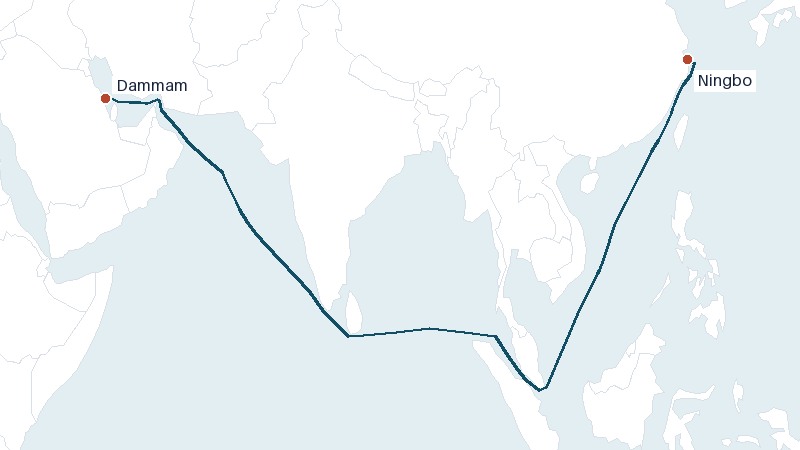 Sea route map from Dammam to Ningbo &mdash; 5849 nautical miles