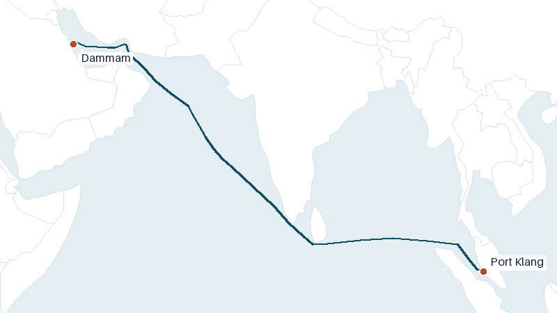 Sea route map from Dammam to Port Klang &mdash; 3570 nautical miles