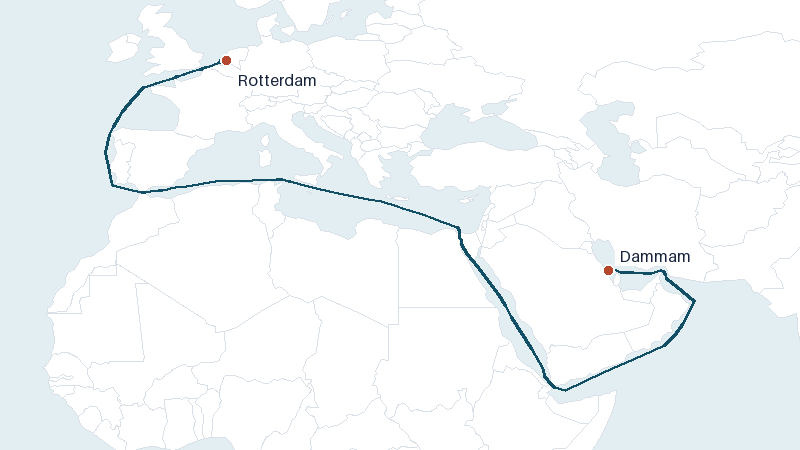 Sea route map from Dammam to Rotterdam &mdash; 6533 nautical miles