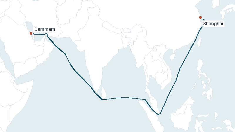 Sea route map from Dammam to Shanghai &mdash; 5963 nautical miles