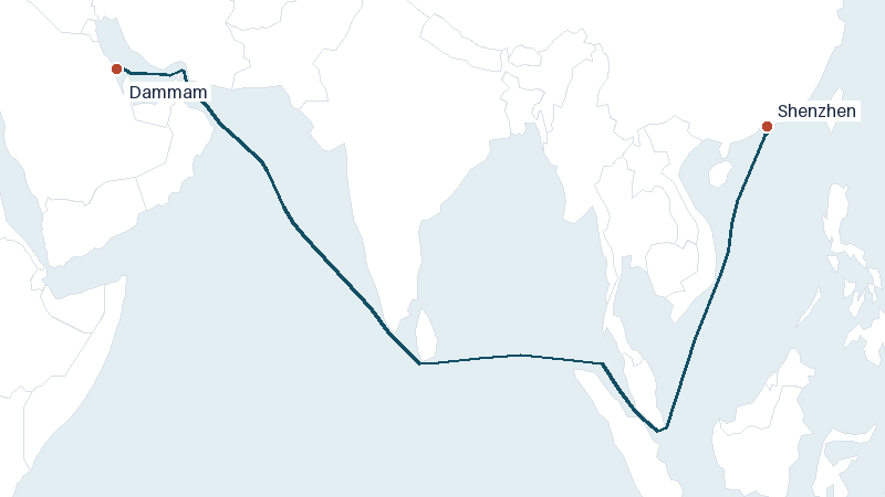Sea route map from Dammam to Shenzhen &mdash; 5209 nautical miles