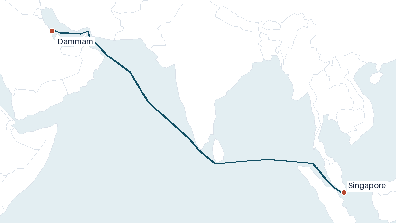 Sea route map from Dammam to Singapore &mdash; 3755 nautical miles