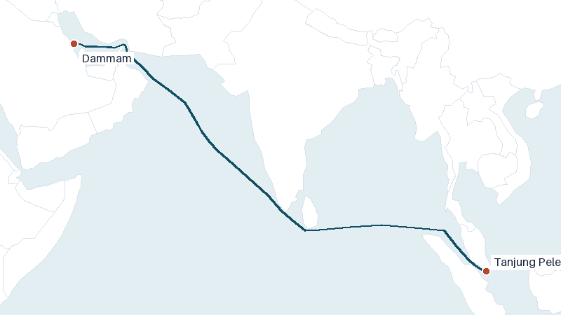 Sea route map from Dammam to Tanjung Pelepas &mdash; 3753 nautical miles
