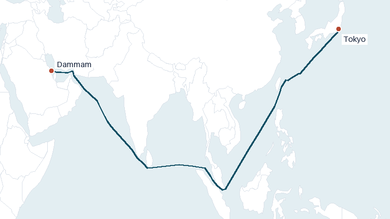 Sea route map from Dammam to Tokyo &mdash; 6701 nautical miles