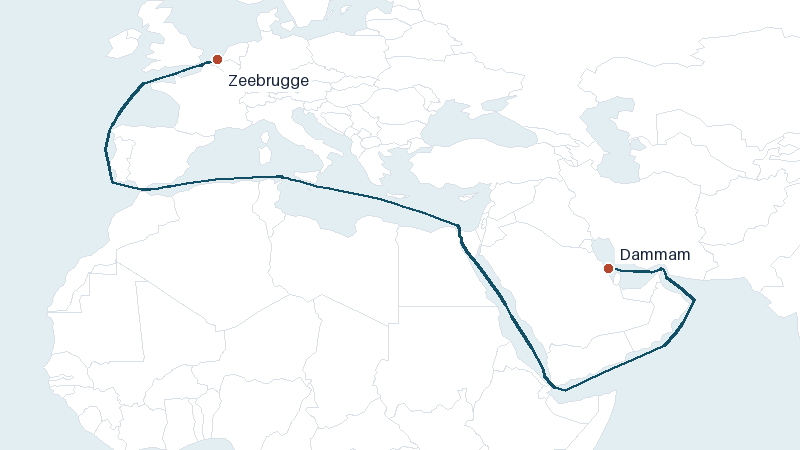 Sea route map from Dammam to Zeebrugge &mdash; 6474 nautical miles