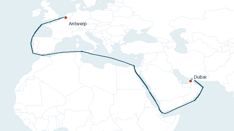 Sea route map from Dubai to Antwerp &mdash; 6251 nautical miles