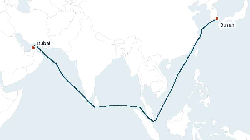 Sea route map from Dubai to Busan &mdash; 6025 nautical miles